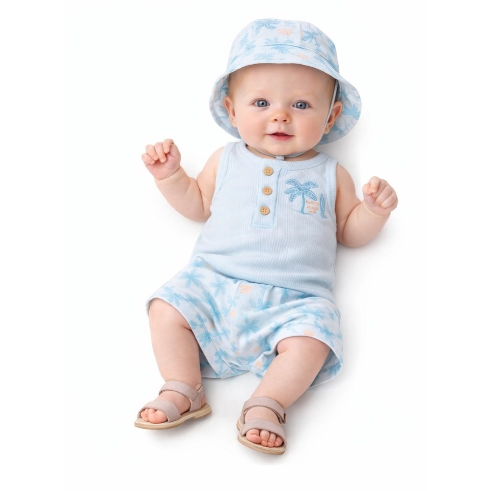 CHICKPEA 3 Piece Palm Tree Tank Shorts Hat Set 0-3M Blue‎ Tropical NWT